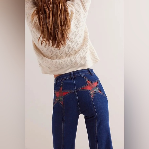 NWT Free People We The Free Firecracker Flare Jeans - holiday tartan- 26, 27, 28 - Picture 4 of 12